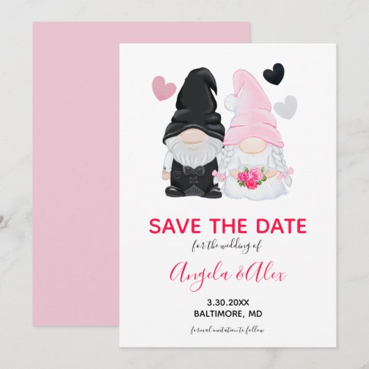 Cute Pink Gnome Bride and Groom Wedding Save The Date (Voorkant / Achterkant)