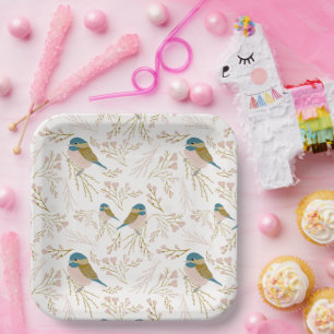 Cute Pink Gold Chickadee Bird Hearts Print Papieren Bordje