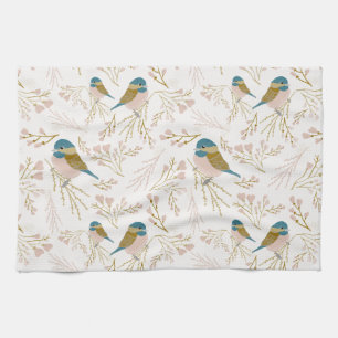 Cute Pink Gold Chickadee Floral Hearts Theedoek