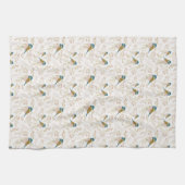 Cute Pink Gold Chickadee Floral Hearts Theedoek (Horizontaal)