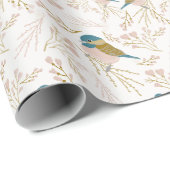 Cute Pink Gold Chickadee Hearts Floral Print Cadeaupapier (Rol Hoek)