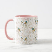 Cute Pink Gold Chickadee Hearts Floral Print Mok (Links)