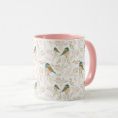 Cute Pink Gold Chickadee Hearts Floral Print Mok (Voorkant rechts)