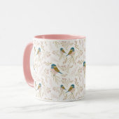 Cute Pink Gold Chickadee Hearts Floral Print Mok (Voorkant links)
