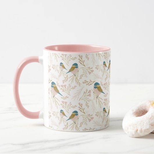 Cute Pink Gold Chickadee Hearts Floral Print Mok (Met donut)