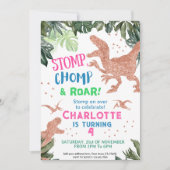 Cute Pink Gold Dinosaur Birthday Party Kaart (Voorkant)