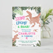 Cute Pink Gold Dinosaur Birthday Party Kaart (Staand voorkant)