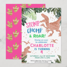 Cute Pink Gold Dinosaur Birthday Party Kaart