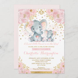 Cute Pink & Gold Elephant Girl Baby shower Kaart