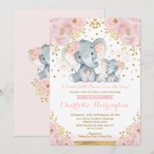 Cute Pink & Gold Elephant Girl Baby shower Kaart