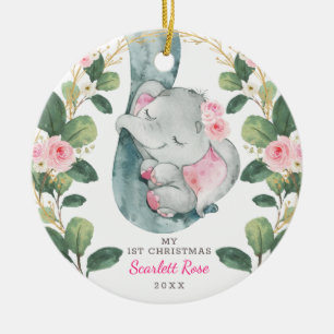 Cute Pink Gold Floral Baby Elephant Greenery Keramisch Ornament