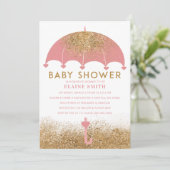 Cute Pink Gold Glitter Umbrella Baby shower Kaart (Staand voorkant)