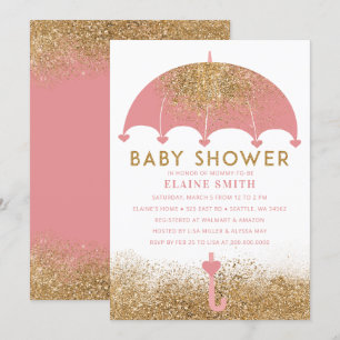 Cute Pink Gold Glitter Umbrella Baby shower Kaart
