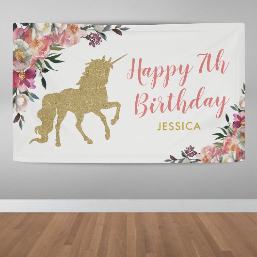 Cute Pink Gold Glitter Unicorn Birthday Party Spandoek