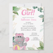 Cute Pink Gold Hippo Baby shower Invitation Kaart (Voorkant)