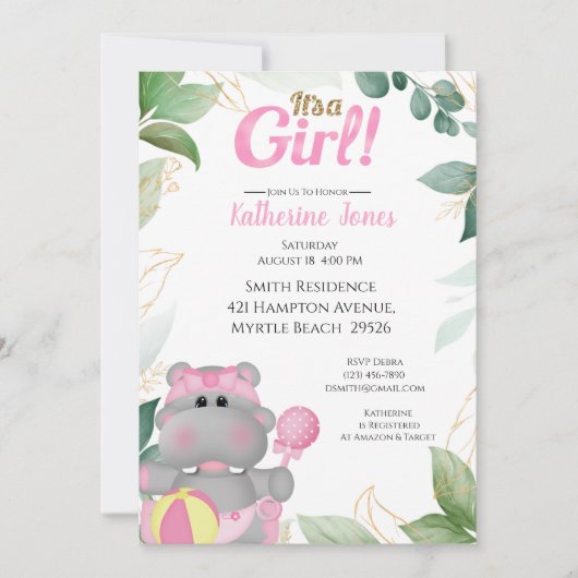 Cute Pink Gold Hippo Baby shower Invitation Kaart (Voorkant)