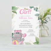 Cute Pink Gold Hippo Baby shower Invitation Kaart (Staand voorkant)