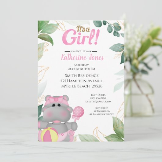 Cute Pink Gold Hippo Baby shower Invitation Kaart (Staand voorkant)