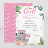 Cute Pink Gold Hippo Baby shower Invitation Kaart (Voorkant / Achterkant)