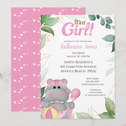 Cute Pink Gold Hippo Baby shower Invitation Kaart (Voorkant / Achterkant)