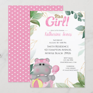 Cute Pink Gold Hippo Baby shower Invitation Kaart