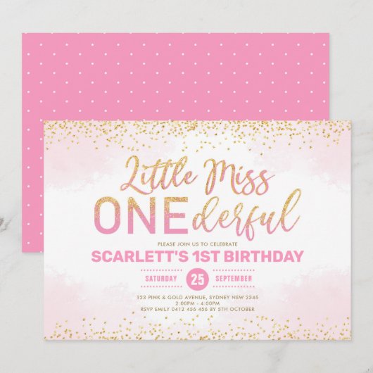 Cute Pink Gold Little Miss Onederful 1e verjaardag Kaart (Voorkant / Achterkant)