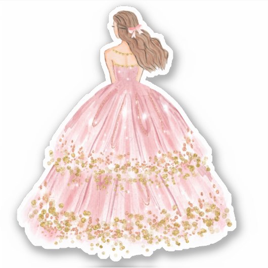 Cute Pink/Gold Princess Dress Cut Vinyl Sticker (Voorkant)