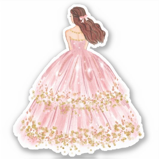 Cute Pink/Gold Princess Dress Cut Vinyl Sticker (Voorkant)