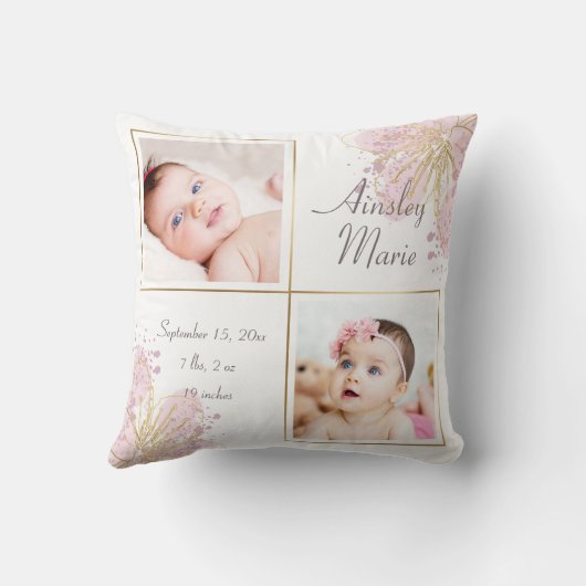 Cute Pink Gold Two Photo Baby Girl Birth Stats Kussen (Achterkant)