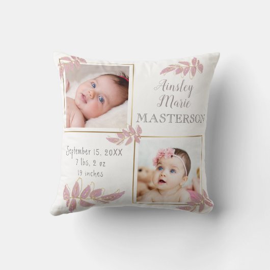 Cute Pink Gold Two Photo Baby Girl Birth Stats Kussen (Achterkant)