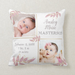 Cute Pink Gold Two Photo Baby Girl Birth Stats Kussen