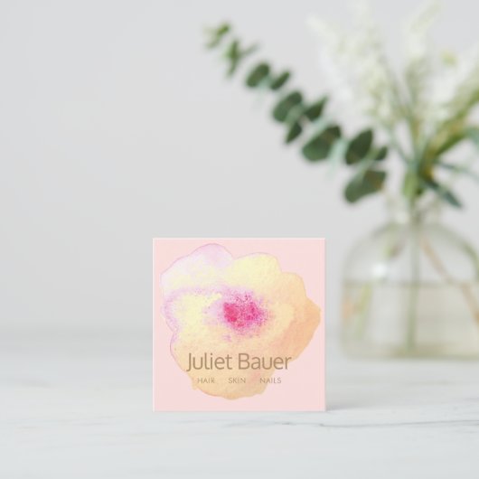 Cute Pink Gold Waterverf Flower Art Salon Spa Vierkante Visitekaartje (Staand voorkant)