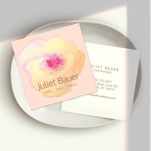 Cute Pink Gold Waterverf Flower Art Salon Spa Vierkante Visitekaartje