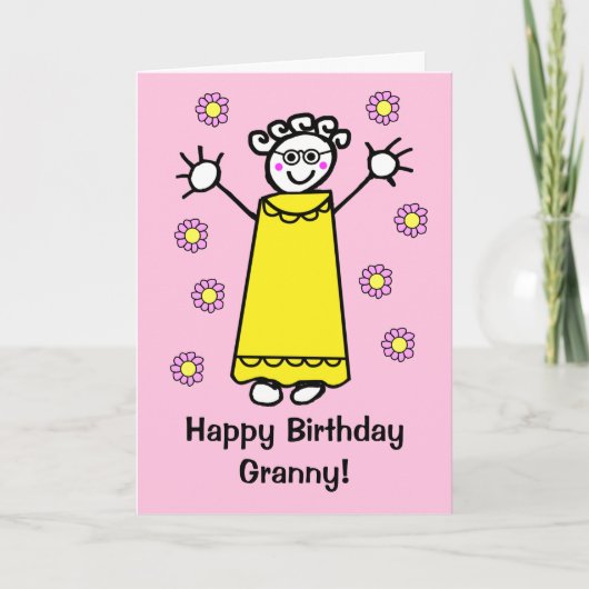 Cute Pink Granny Waving Funny Cartoon Birthday Kaart (Voorkant)