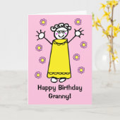 Cute Pink Granny Waving Funny Cartoon Birthday Kaart (Gele Bloem)