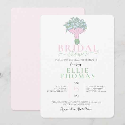 Cute Pink & Green Bouquet Bridal Shower Invitation Kaart (Voorkant / Achterkant)