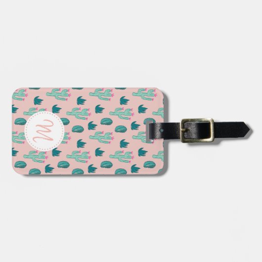 Cute Pink Green Cactus Pattern met Monogram Bagagelabel (Voorkant horizontaal)