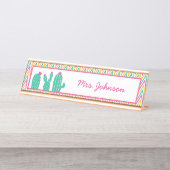 Cute Pink Green Chevron Pattern Cactus Teacher Bureau Naambordje (Voorkant)