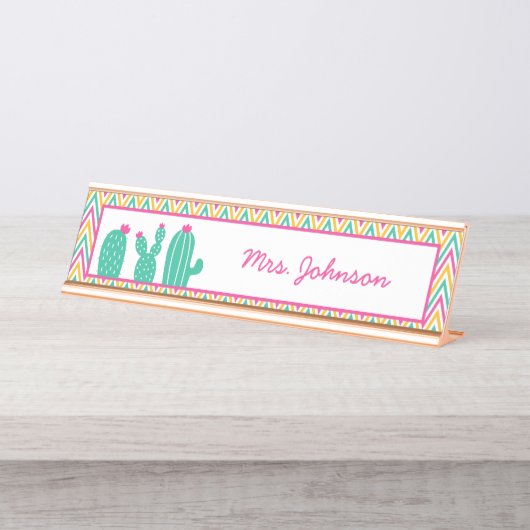 Cute Pink Green Chevron Pattern Cactus Teacher Bureau Naambordje (Voorkant)