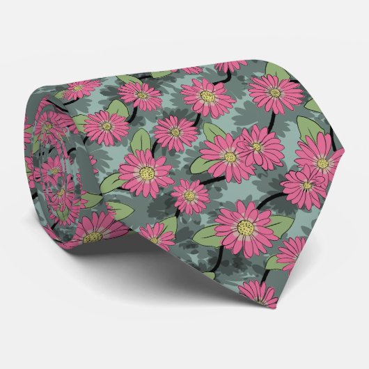 Cute Pink & Green Flower Pattern Stropdas (Opgerold)