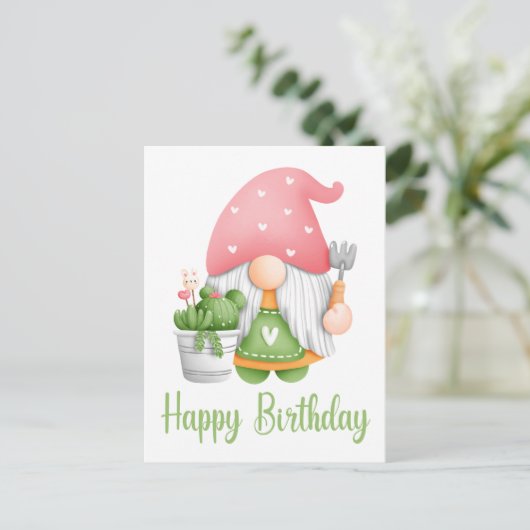 Cute Pink Green Waterverf Cartoon Gnome Birthday Briefkaart (Staand voorkant)