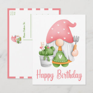 Cute Pink Green Waterverf Garden Gnome Birthday Briefkaart