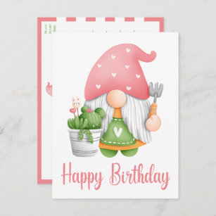 Cute Pink Green Waterverf Garden Gnome Birthday Briefkaart