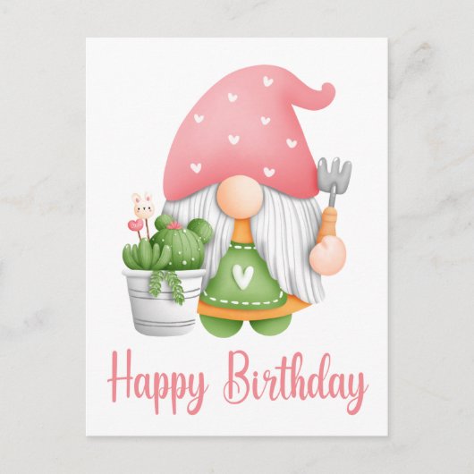 Cute Pink Green Waterverf Garden Gnome Birthday Briefkaart (Voorkant)