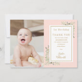 Cute Pink Greenery 1e verjaardag Foto Bedankkaart (Voorkant)