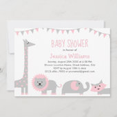 Cute Pink Grey Animals Baby shower Invitation Girl Kaart (Voorkant)