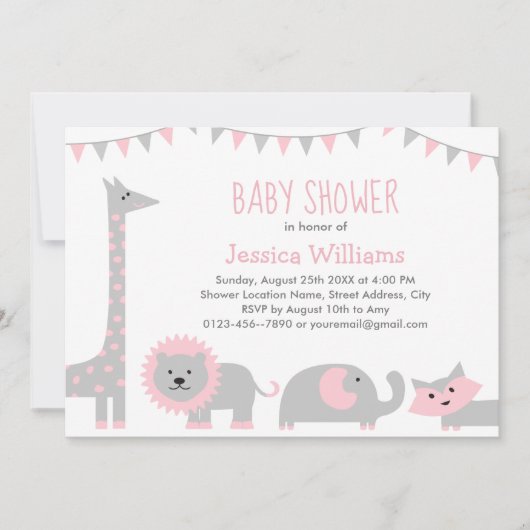 Cute Pink Grey Animals Baby shower Invitation Girl Kaart (Voorkant)