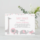 Cute Pink Grey Animals Baby shower Invitation Girl Kaart (Staand voorkant)