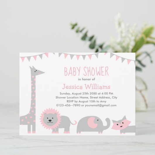 Cute Pink Grey Animals Baby shower Invitation Girl Kaart (Staand voorkant)