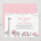 Cute Pink Grey Animals Baby shower Invitation Girl Kaart (Voorkant / Achterkant)